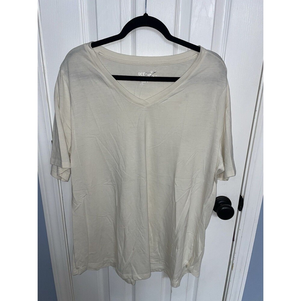 Terra & Sky Women’s 2XL White/Light Beige V Neck Short Sleeve Shirt
